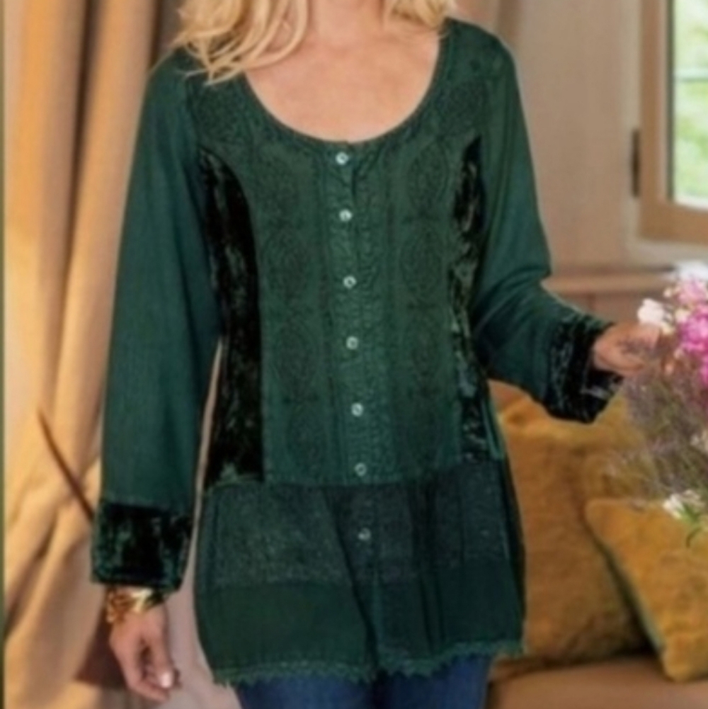 Soft Surroundings Viscose & Velour Button Down Shirt Tie Back Velvet Green MD